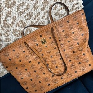MCM Tan Logo Print Leather Tote